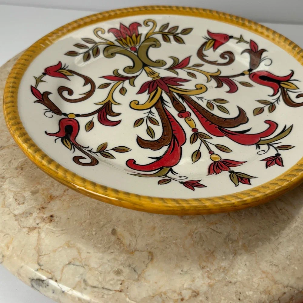 Pier 1 Oralia Earthenware Plate Floral Red Yellow‎ Brown Decorative Dish Salad